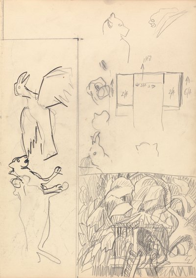 Cave of the Golden Calf: Studies of Tree Houses, Animals and Floor Plan by Spencer Frederick Gore