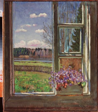 Violets in Front of the Window. Painting by Stanislav Yulianovich Zhukovsky by Stanislav Joulianovitch Joukovski