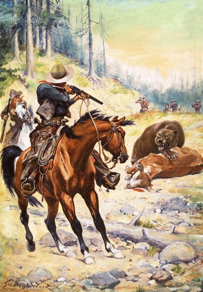 American Cowboys Surround a Bear Crouched Over the Body of a Cow by Stanley L. Wood