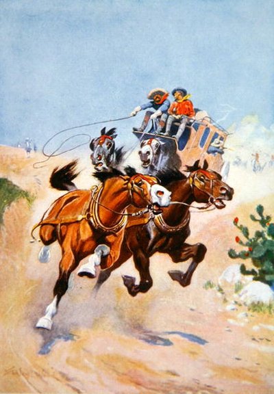 Stagecoach pursued by Indians by Stanley L. Wood