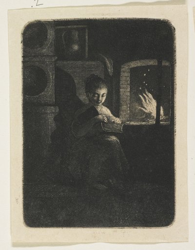 Young Girl Reading by a Fire by Stefan Juliusz Norblin de la Gourdaine