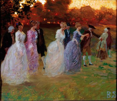 The return from the palace. Elegant young people returning from a worldly event. Painting by Stefano Baghino (1881-1920) Genes, Galleria d