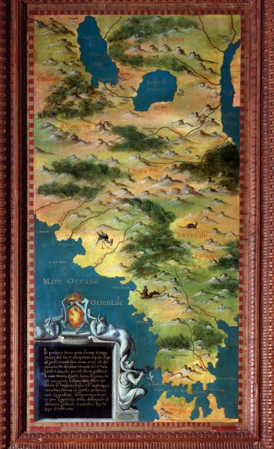 Chile and Magellan Strait Map made by Stefano Bonsignori (? -1589) Italian cosmographer and painter. Around 1581. Florence, Palazzo Vecchio, Sala del Mappamondo by Stefano Buonsignori