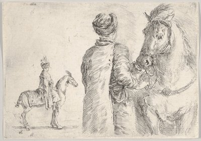 A Polish valet, seen from behind, holding the bridle of a horse to right, ca. 1662 by Stefano della Bella