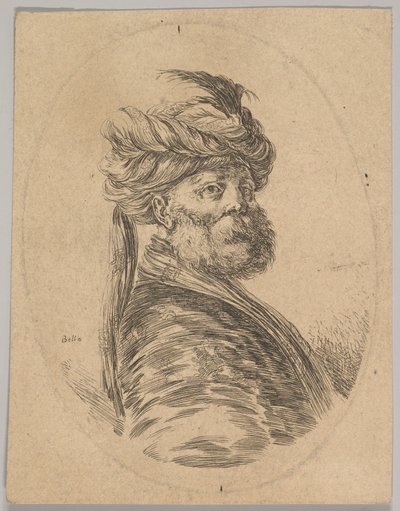 A Turkish Man with a Beard and Turban with One Long Feather in Front, 1650 by Stefano della Bella
