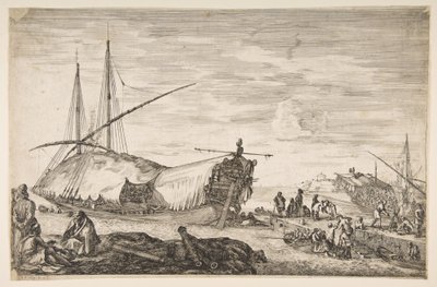 A galley covered in sails to left, six cannons and four people to left in foreground by Stefano della Bella