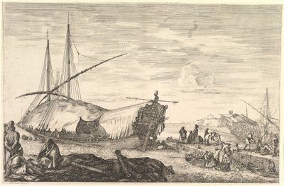 A galley covered in sails to left, six cannons and four people to left in foreground by Stefano della Bella