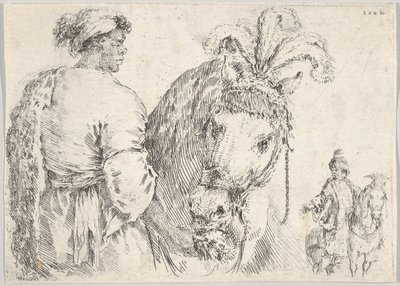 A man at left in profile giving a handful of hay to a horse at center, a horseman to the right, ca. 1662 by Stefano della Bella