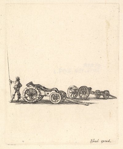 A mortar and a cannon, both mounted on carriages, a soldier shown from the back, ca. 1638-43 by Stefano della Bella