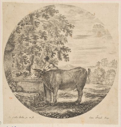 A Peasant Woman with a Cow at a Fountain Decorated with the Medici Arms by Stefano della Bella