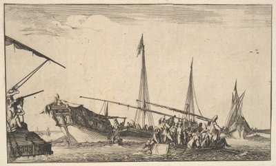 A Rowboat Full of Men, a Ship with Men Descending into a Rowboat (detail) by Stefano della Bella