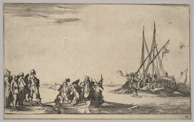 A Rowboat Full of Men in Center, a Group of Men Standing on Shore at Left, a Ship Full of Men by Stefano della Bella