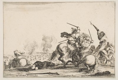 A Skirmish, Two Horsemen Battling with Swords to the Right, Men Carrying a Flag Running, ca. 1645 by Stefano della Bella