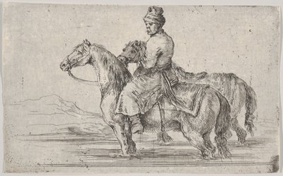 A Valet Taking Two Horses to Bathe, Sitting Atop One Horse in a River, the Other Beside by Stefano della Bella