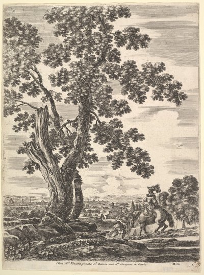A Woman on Horseback Seen from Behind Descending a Hill to the Right, a Large Tree by Stefano della Bella