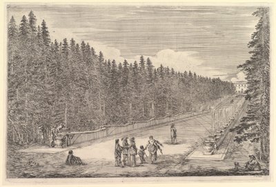 An alley of fountains, a group of people in center, a man and dog seated to right, two by Stefano della Bella