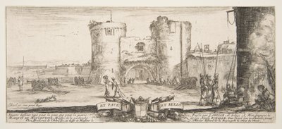 An Entrance to a Fortress in Center, a Woman with Child Seated by a Fire to Right by Stefano della Bella