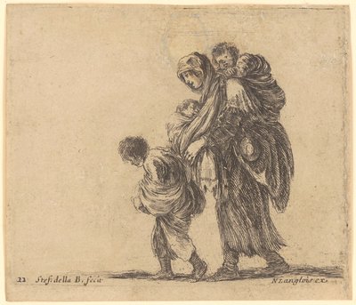 Poor Woman with a Child on Her Back, a Toddler in a Sling, and an Older Child Walking Left by Stefano della Bella