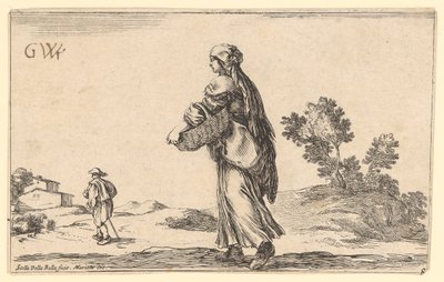 Peasant Woman with Basket in Side Back View to the Left, a Traveler in Front of Her to the Left by Stefano della Bella