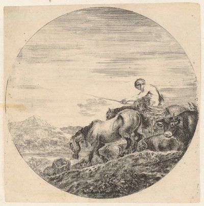 Farmer Driving His Animals to the Left Towards the River by Stefano della Bella
