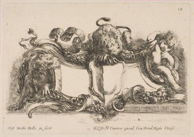 Cartouche Containing an Empty Shield Surmounted by a Lion and Framed by a Lion and a Child, 1646 by Stefano della Bella