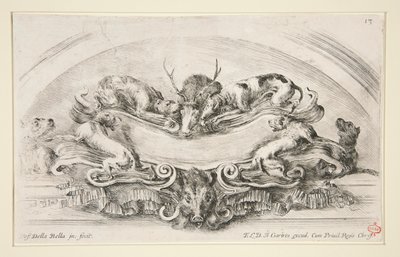 Cartouche with Dogs, Stag and Head of Boar by Stefano della Bella