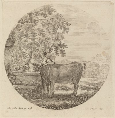 Cow and Young Shepherd at a Fountain by Stefano della Bella