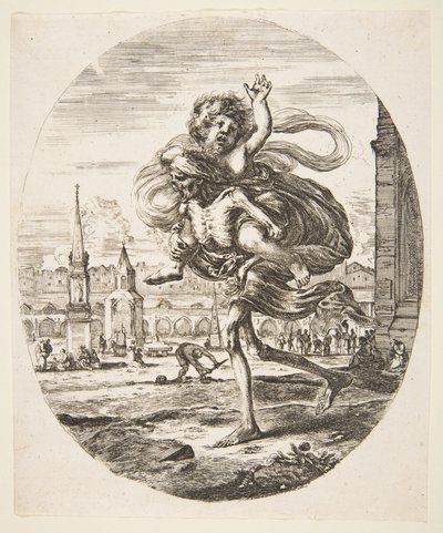 Death carrying a child, from The five deaths by Stefano della Bella