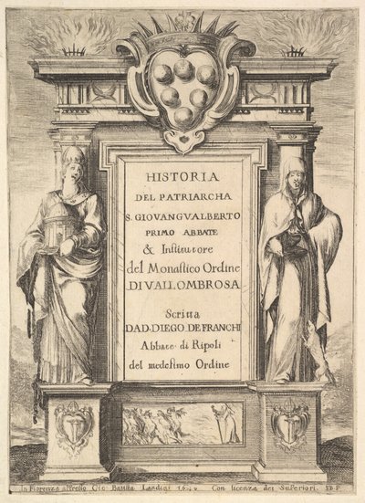 Frontispiece: a monument decorated with the Medici coat of arms at top in center, flames by Stefano della Bella