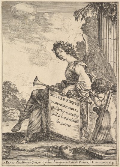 Frontispiece for Poems by Desmarets: a winged woman rep by Stefano della Bella
