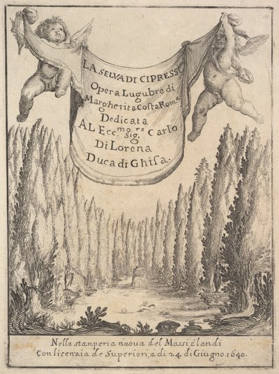 Frontispiece for The Cypress Forest La selva di cipressi: two putti hold a tapestry, 1640 by Stefano della Bella