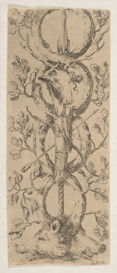 Heads of a Stag and Two Boars in Rinceaux of Oak Branches by Stefano della Bella