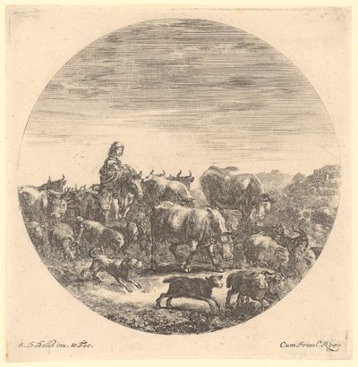 Shepherdess on Horseback with Cattle and Sheep Herd, Plate 5 of the Series "Six Animal Motifs in Round Representation" by Stefano della Bella