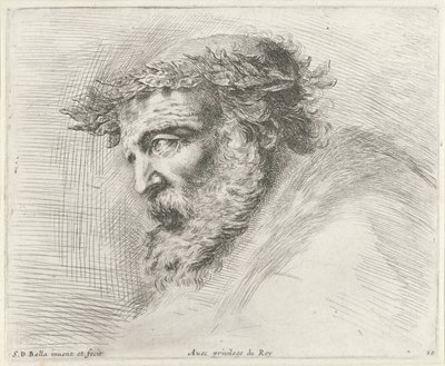 Head of an old man with beard and laurel wreath, in profile to the left by Stefano della Bella