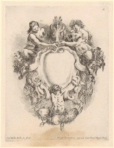 Cartouche with Three Satyrs and a Wine Jug by Stefano della Bella