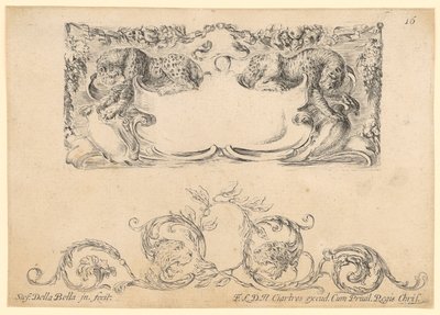 Cartouche with Two Leopards, Ornamental Frieze with Two Leopard Heads Below by Stefano della Bella