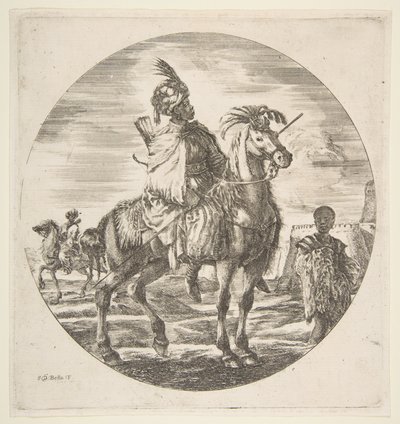 Moorish horseman in profile facing right, a black slave holding a fur at right, another by Stefano della Bella