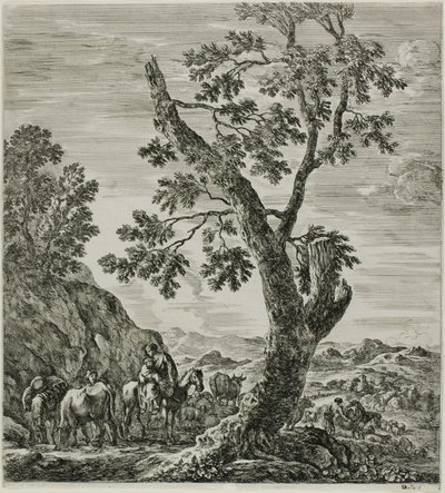 Mounted Peasant with a Child in Her Arms, Plate Six from The Six Large Views of Rome and the Campagna by Stefano della Bella