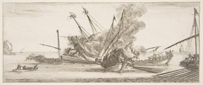Naval combat, a ship at center, seen from behind, firing at four enemy ships by Stefano della Bella