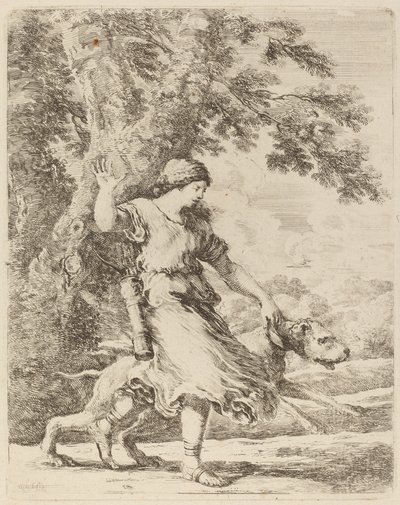 Nymph Holding a Large Dog by a Collar by Stefano della Bella