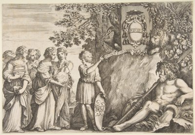 Ornament design for a thesis, the Strozzi coat of arms at top by Stefano della Bella