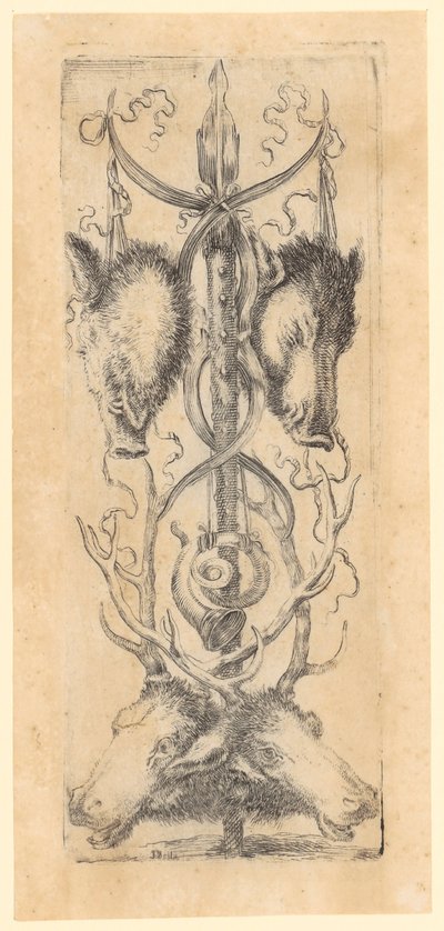 Ornamental Panel with Two Boar Heads at the Top, Two Deer Heads at the Bottom, and a Horn in the Middle, Plate 8 from the Series "Ornaments or Grotesques" by Stefano della Bella