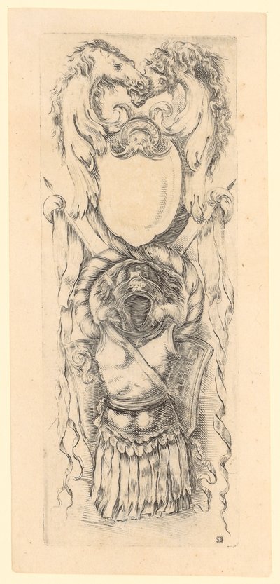 Panel with Two Horse Heads Above, a Shield Below, and Armor at the Bottom, Plate 7 of the Series "Ornaments or Grotesques" by Stefano della Bella