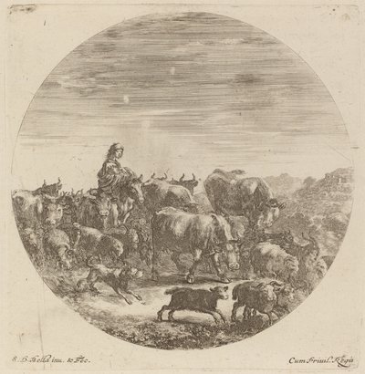 Peasant Seated on a Horse with Cows, Sheep, and Goats by Stefano della Bella