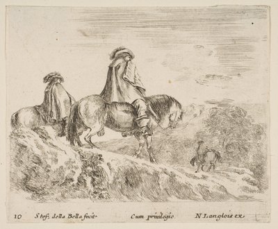 Plate 10: Two Horsemen Descending a Mountain at Left, Another Horseman to Right in ... by Stefano della Bella