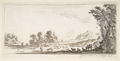 Plate 11: Shepherdess Seated to the Right Under a Tree, Watching Her Flock to the Left, ca. 1641 by Stefano della Bella