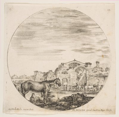 Plate 12: A Shepherd Sleeping on the Ground at Right, Three Horses at Left by Stefano della Bella