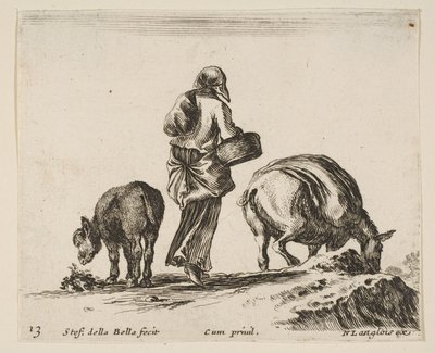 A Peasant Woman Holding a Basket, with a Donkey by Stefano della Bella