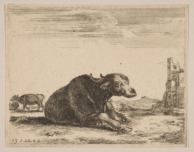 Plate 13: buffalo lying down, from Various animals Diversi animali by Stefano della Bella