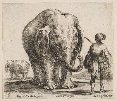 Plate 16: an elephant in center, his mahout standing to the right wearing an Oriental Headdress by Stefano della Bella